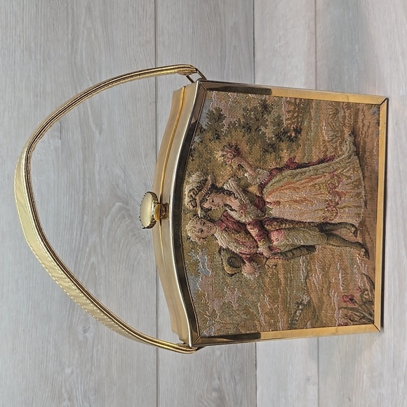 Vintage Handbags - Vintag1960s TYROLEAN Bag Tapestry Cloth Embroidered Puffed Puffy Victorian Purse